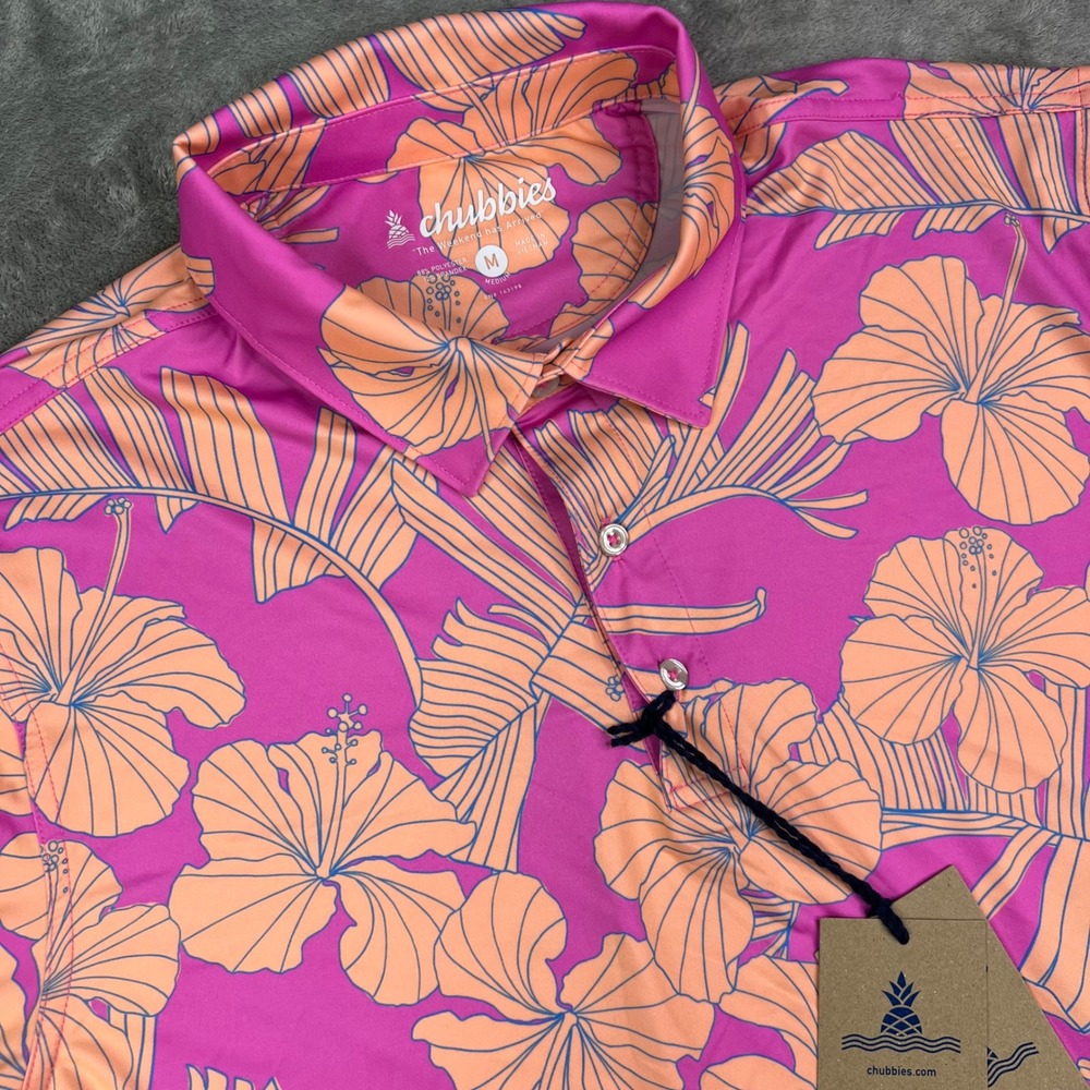 Chubbies Polo Shirt Mens Medium Pink Floral The Flamingo Flora Performance Top